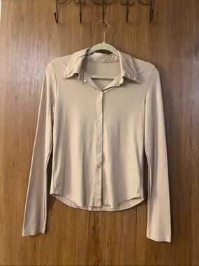 Long-Sleeve Stretch Button Front Women's Top in Beige